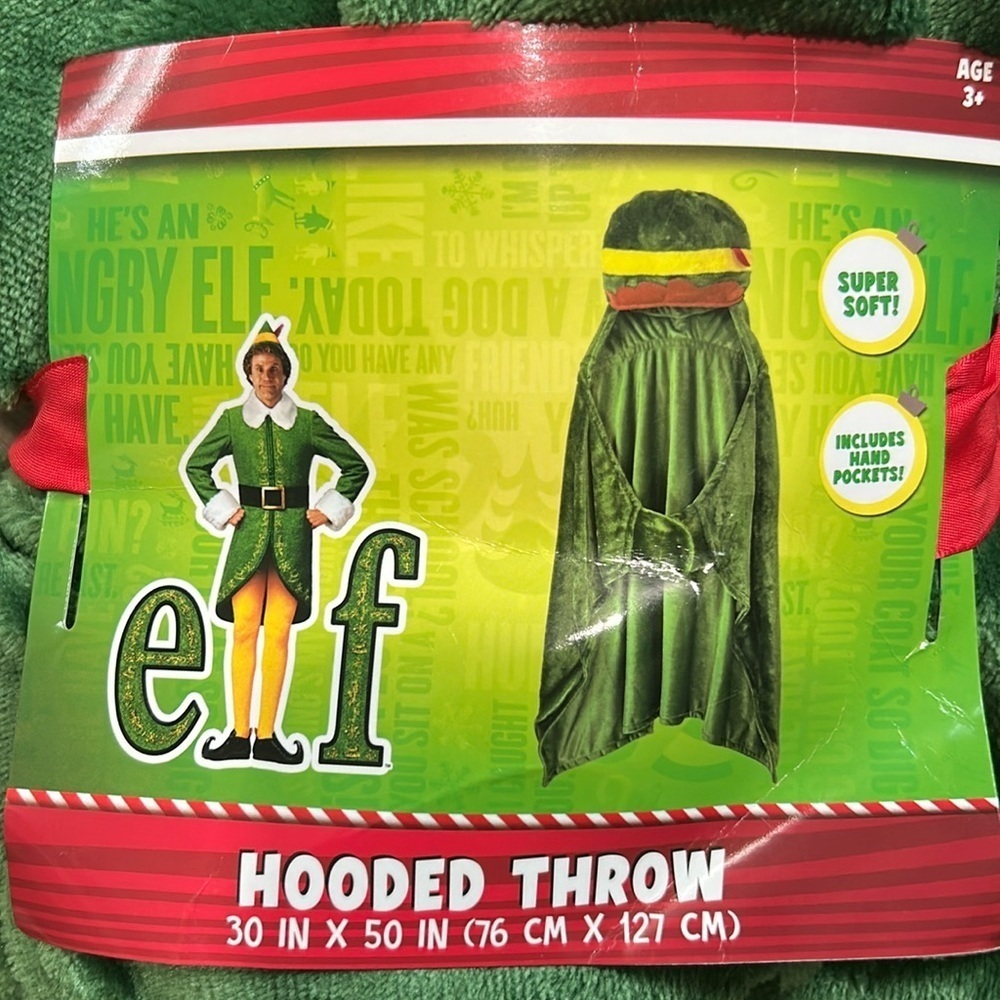 Elf Movie NEW Hooded Throw wrap 30”X50” green. Super soft, hand pockets